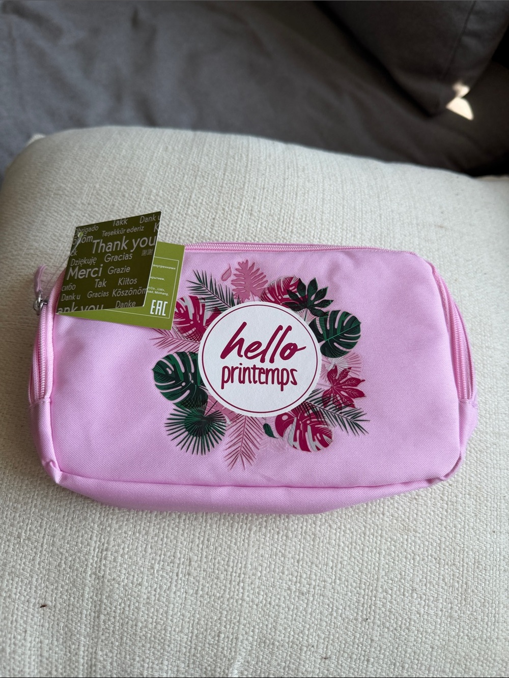 Pink 'hello printemps' Tropical Print Cosmetic Pouch